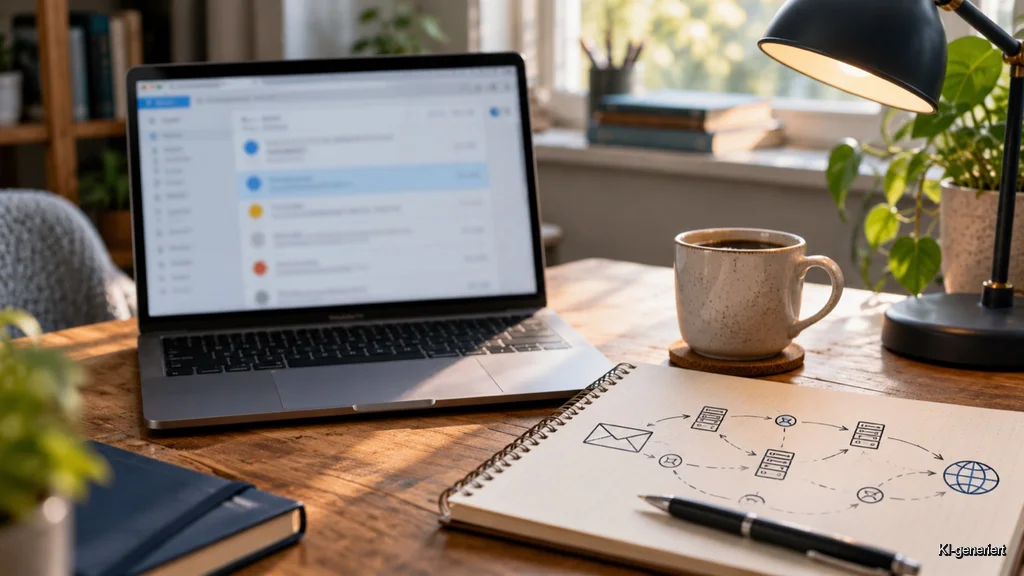 Laptop mit E-Mail-Headern und technischen Notizen auf einem Schreibtisch