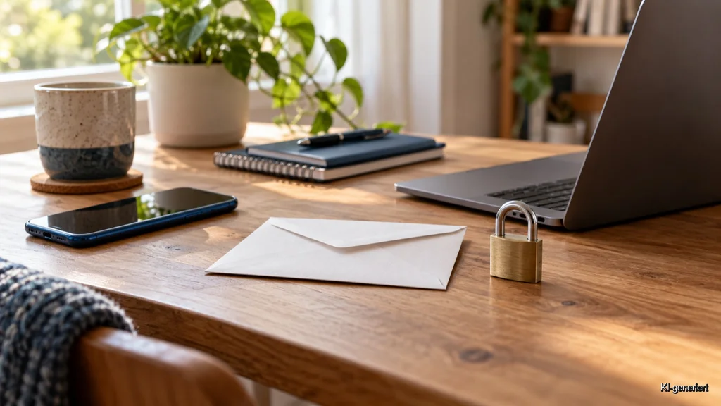 Umschlag, Smartphone und Laptop als Symbol für E-Mail-Sicherheit