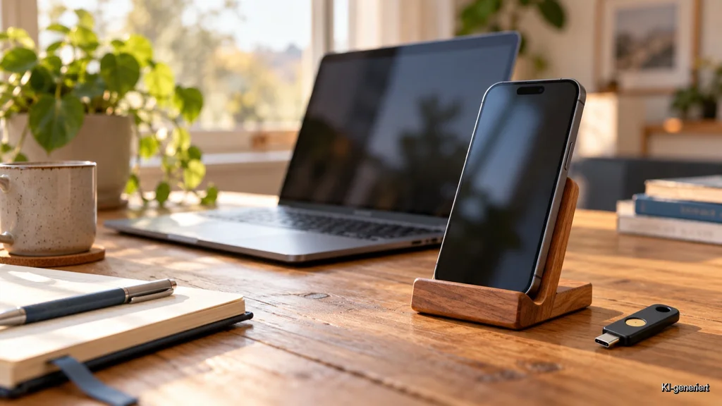 Smartphone mit Passkey-Anmeldung und Sicherheitsschlüssel