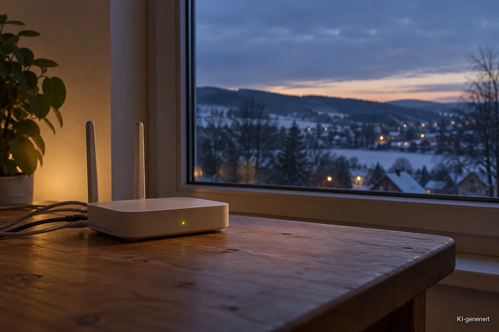 Router am Fenster mit Blick auf eine verschneite Landschaft als Symbol für Webhosting