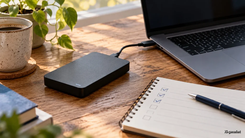 Externe Festplatte und Notizbuch als Symbol für WordPress-Backups