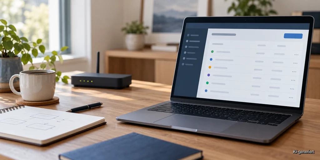 Laptop mit neutraler DNS-Konfigurationsübersicht und Router