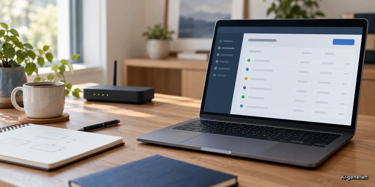 Laptop mit neutraler DNS-Konfigurationsübersicht und Router