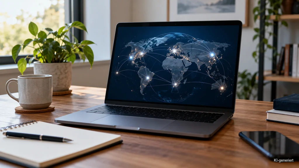 Laptop mit weltweiter Netzwerkübersicht und mehreren DNS-Standorten