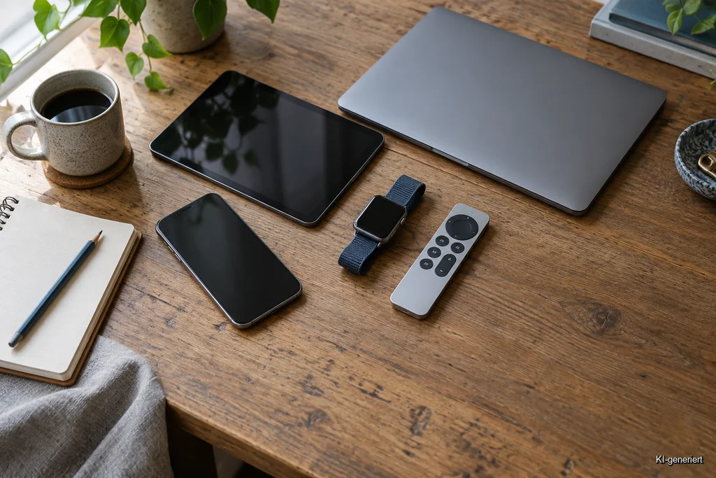 Smartphone, Tablet, Laptop, Smartwatch und TV-Fernbedienung auf einem Holztisch