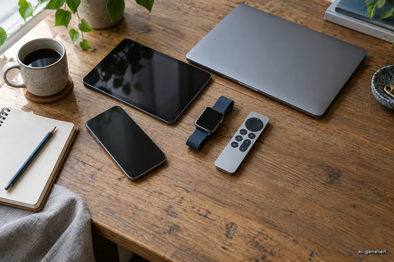 Smartphone, Tablet, Laptop, Smartwatch und TV-Fernbedienung auf einem Holztisch