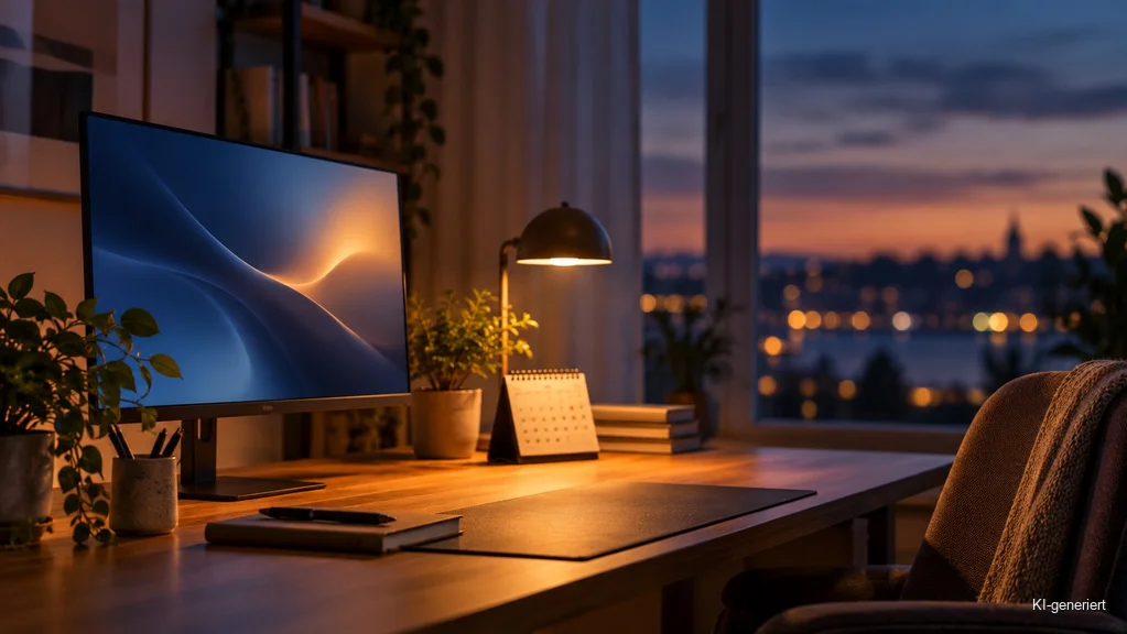 Ruhiger Arbeitsplatz mit Bildschirm, Lampe und Kalender als Symbol für einen angekündigten Apple-Termin