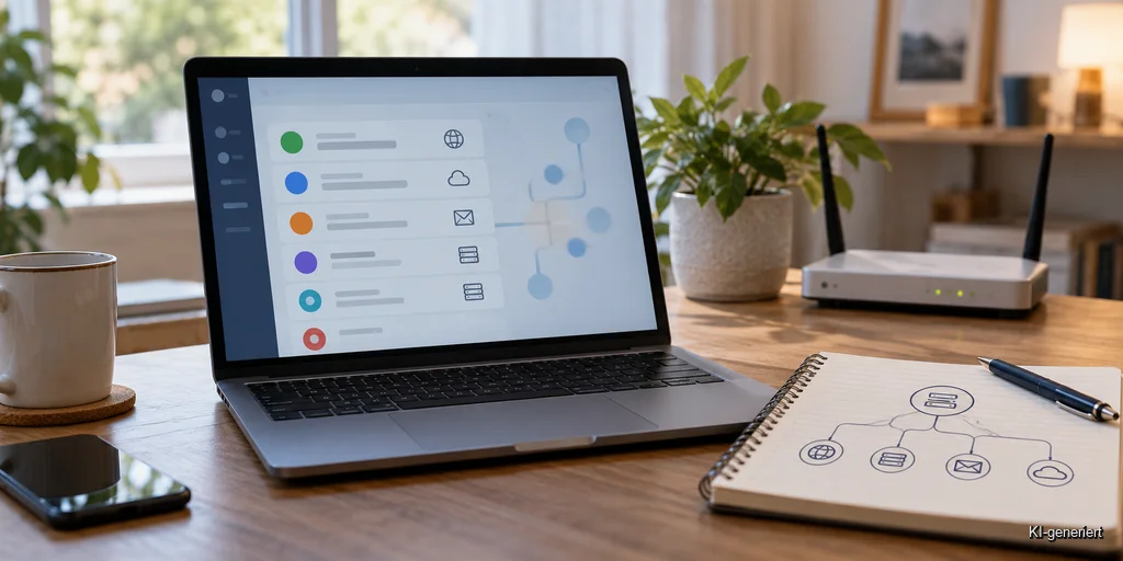 Laptop mit DNS-Übersicht, Netzwerkdiagramm und Router
