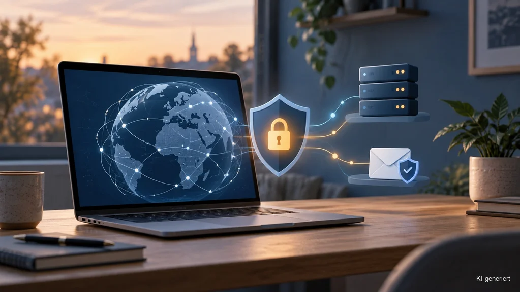 Laptop mit abstrakten Symbolen für DNS-, TLS- und E-Mail-Sicherheit