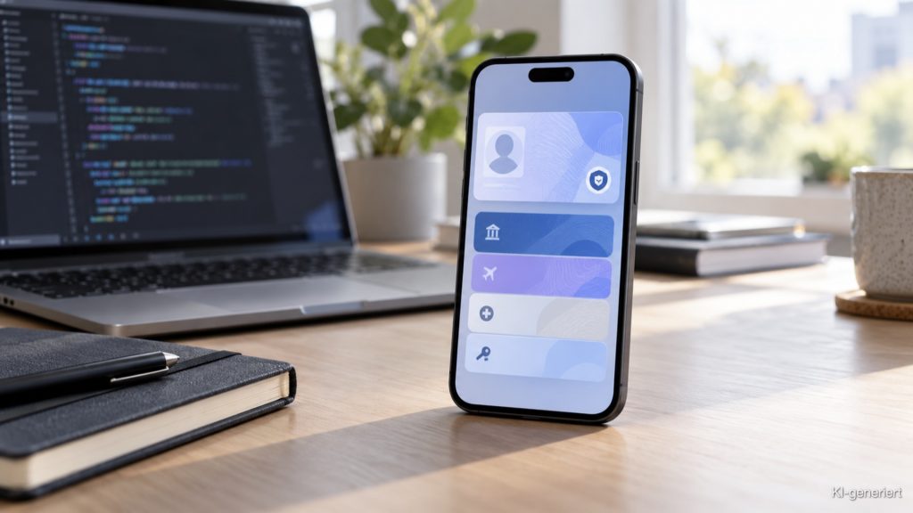 iPhone mit abstrakter digitaler Identitäts-Wallet auf einem Schreibtisch