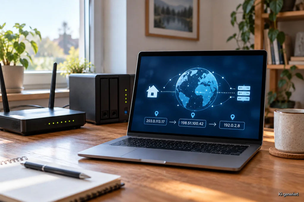 Router, NAS und Laptop mit einer Darstellung wechselnder IP-Adressen im Netzwerk