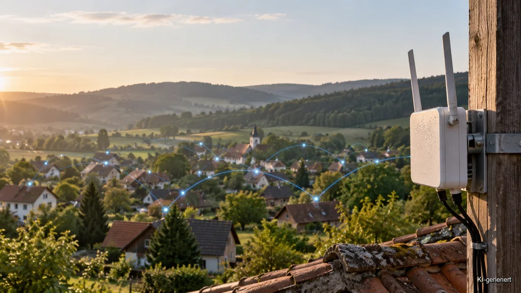 WLAN-Mesh-Netzwerk mit Freifunk-Zugangspunkt über einer Landschaft