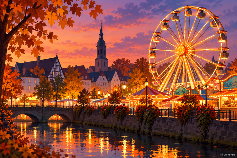 Illustration einer herbstlichen Kirmes mit Riesenrad