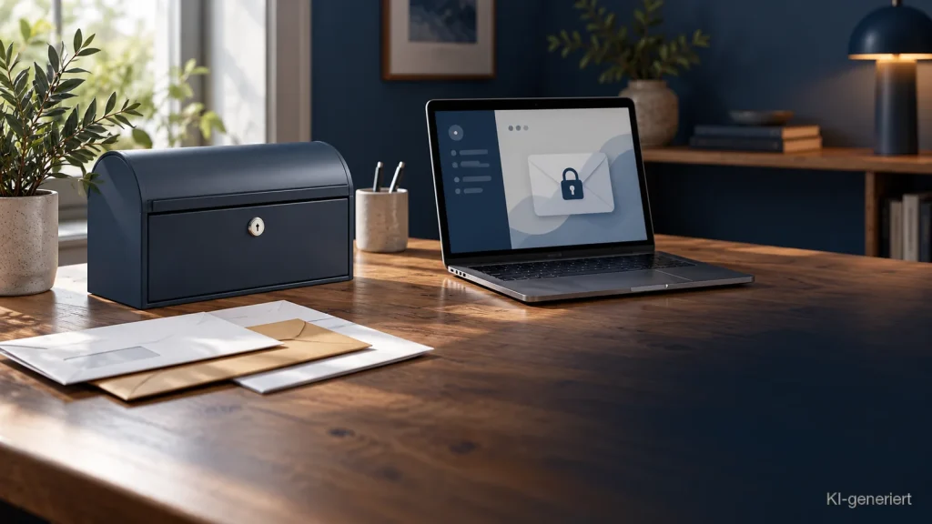 Schlichte Schreibtischszene mit Briefkasten, Briefen und Laptop für den persönlichen Erfahrungsbericht zu Postflex