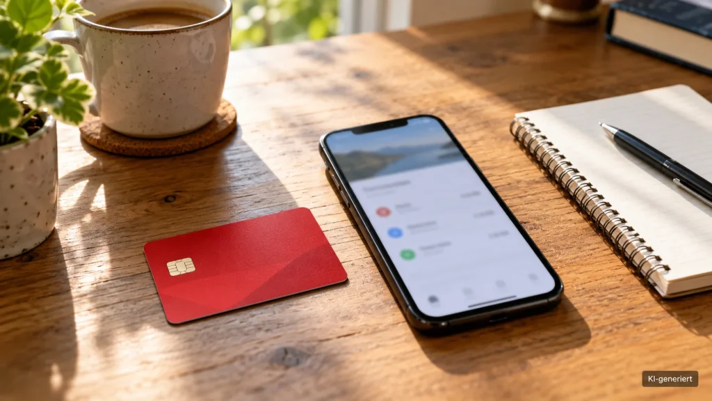 Rote Bankkarte, Smartphone und Notizbuch auf einem Schreibtisch