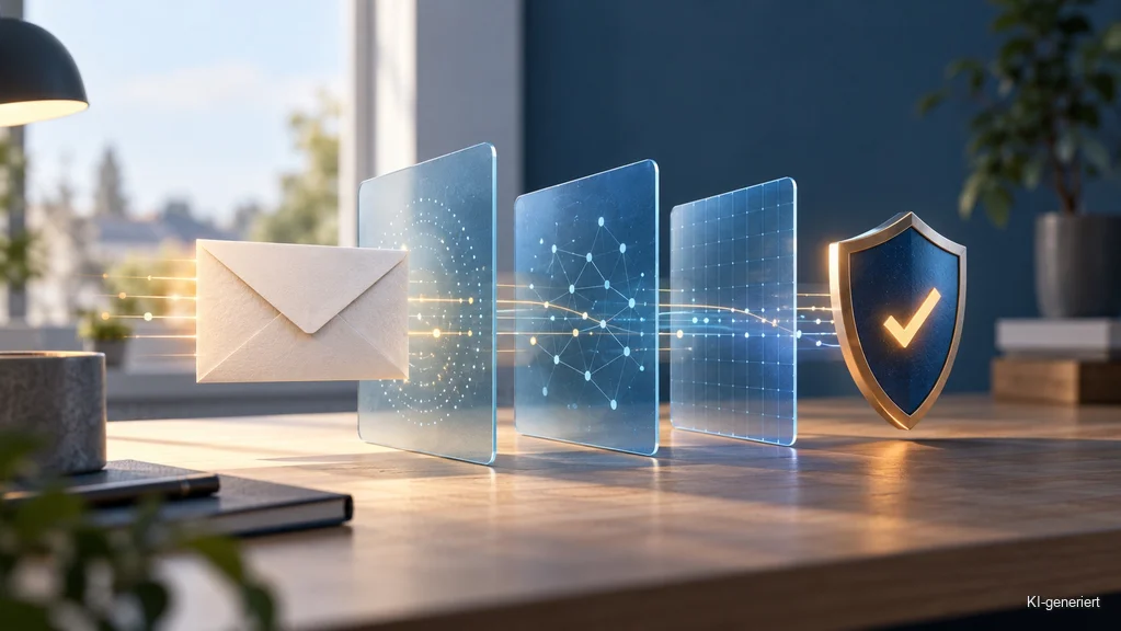 E-Mail mit drei abstrakten Sicherheitsebenen und Schutzschild