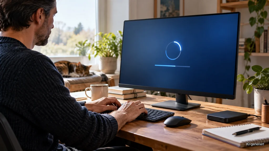 Arbeitsplatz mit Monitor und laufendem Windows-Update neben einer Datensicherung