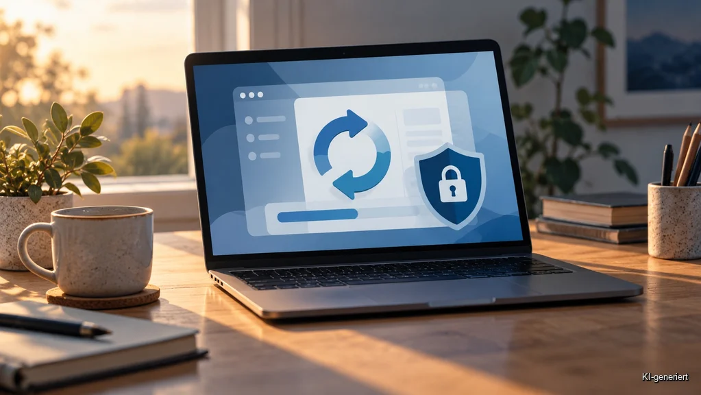 Laptop mit abstraktem Website-Update und Sicherheitsschutz